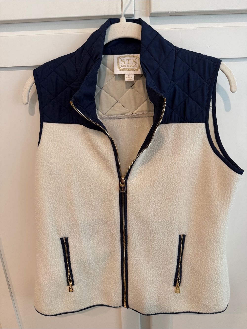 Sail to Sable Ivory Sherpa Vest with Navy Quilted Yoke